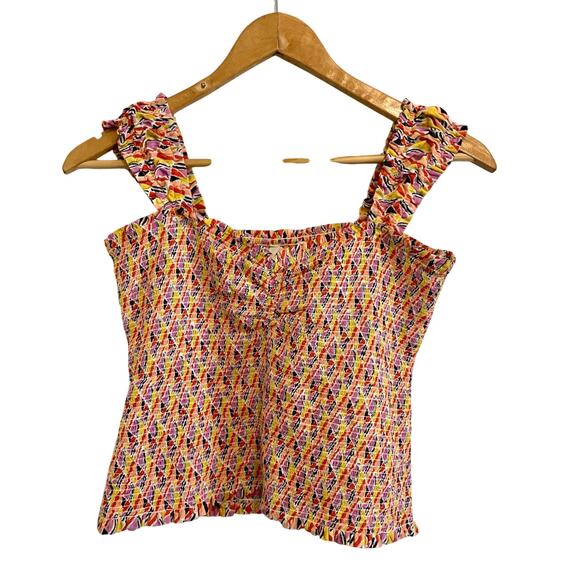 Maeve Retro Orange and Red Smocked Sleeveless Sweetheart Top - Picture 2 of 8